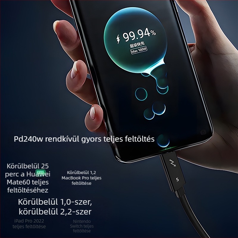 Thunderbolt 5 USB-C–to–USB-C átviteli kábel, 120 Gbps, 240W gyorstöltés, teljes körű Type-C, képernyő-tükrözés, 16K videó