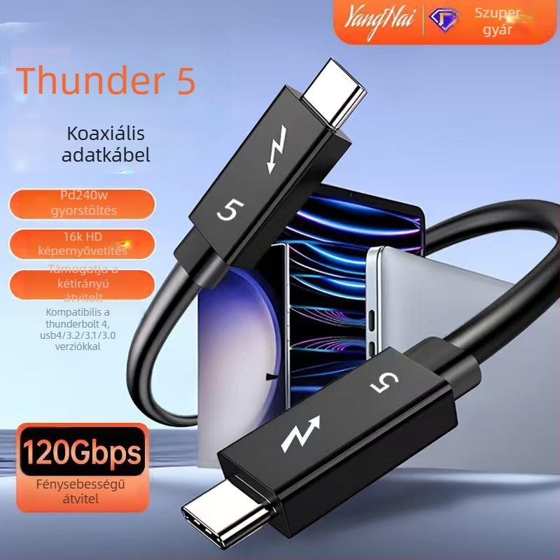 Thunderbolt 5 USB-C–to–USB-C átviteli kábel, 120 Gbps, 240W gyorstöltés, teljes körű Type-C, képernyő-tükrözés, 16K videó