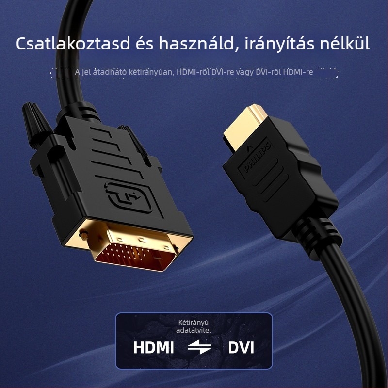 HDMI–DVI kétirányú kábel – Philips SWV7436, DVI-HDMI A csatlakozó, oxigénmentes réz, aranyozott, hossz 2 m