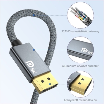 Mini DP–tól DP adapterkábel réz vezetővel, 2 m hosszú
