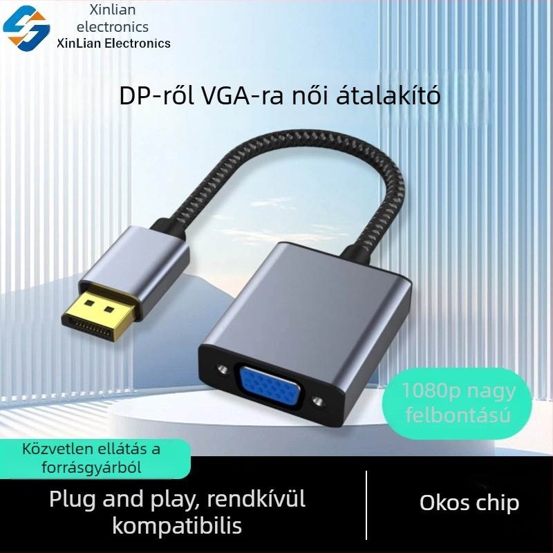 DP–VGA átalakító kábel PC grafikus kártya és monitor vagy projektor közötti csatlakoztatáshoz, HD konverziós kábel
