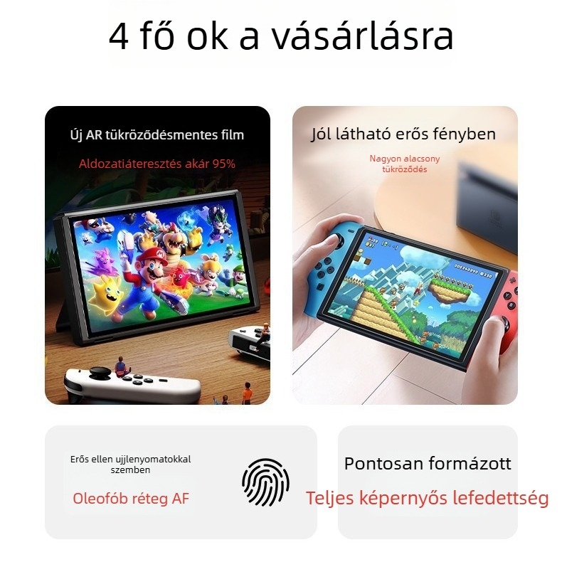 Nintendo Switch érintőképernyő antireflexiós fólia AR bevonattal, 95% átlátszóság, 0,17 mm vastagság