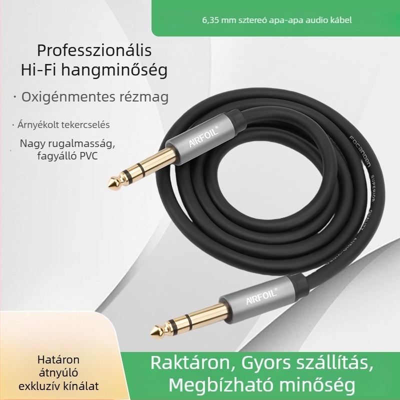 6,35 mm-es férfi–férfi sztereó audio kábel, háromvezetékes, zajcsökkentéssel, gitárhoz és keverőhöz