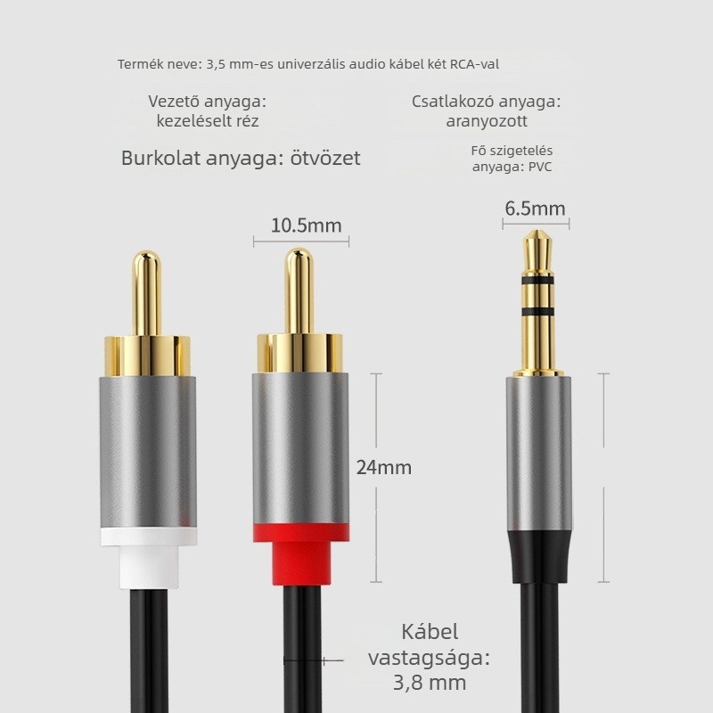 3,5 mm-es audiókábel kettős RCA-kkal, osztó kábel számítógépekhez, aranyozott kivitel, acél szál belső, réz vezető