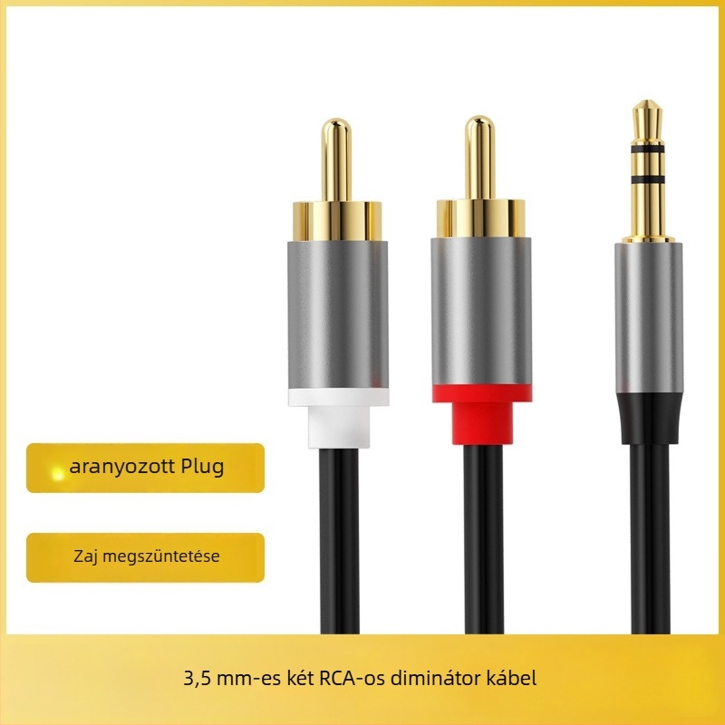 3,5 mm-es audiókábel kettős RCA-kkal, osztó kábel számítógépekhez, aranyozott kivitel, acél szál belső, réz vezető