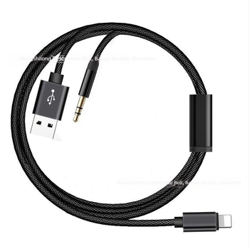 Apple autóhálózati audio kábel 2-in-1: Lightning–3,5 mm USB AUX adapter (réz mag, nylon burkolat, fém ház)