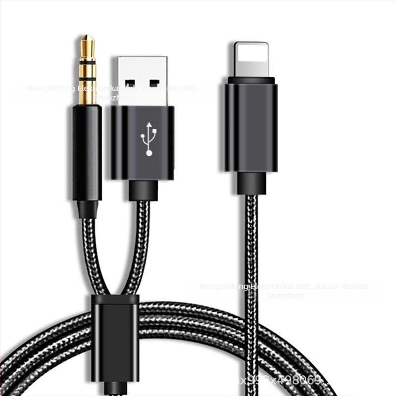Apple autóhálózati audio kábel 2-in-1: Lightning–3,5 mm USB AUX adapter (réz mag, nylon burkolat, fém ház)