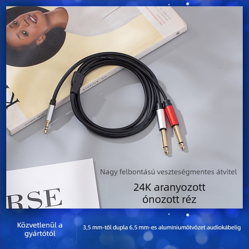 6,35 mm-es billentyűzet-adapterkábel: 3,5 mm-től két 6,5 mm-es gitár jackig, audio kábel