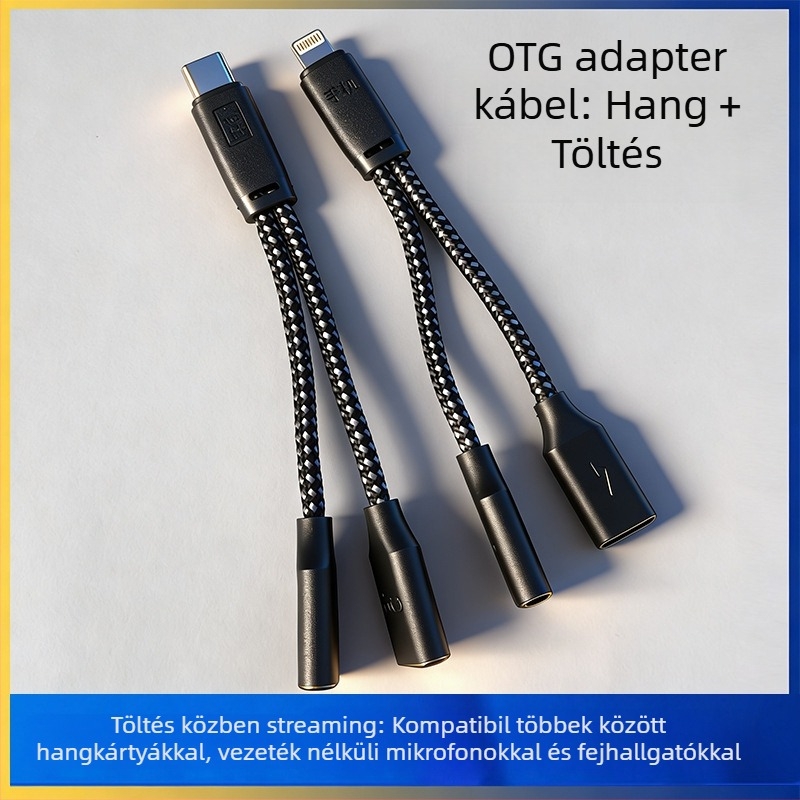 2-in-1 OTG hangadapter kábel lavalier mikrofonhoz és fejhallgatóhoz, Type-C eszközökkel kompatibilis (nylonmag, réz vezető, ROHS)