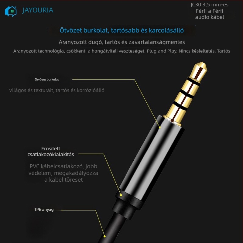 JC30 audió kábel, 1,2 m, 3,5 mm–3,5 mm, ötvözött vezető, aranyozott csatlakozók