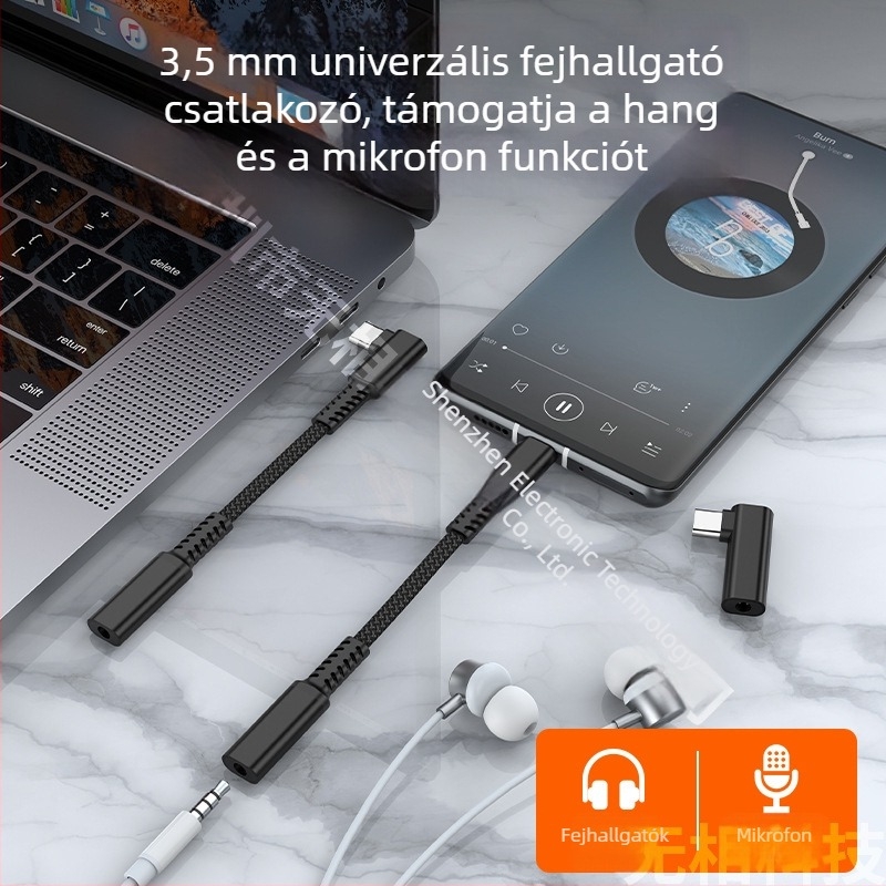 90°-os Type-C 3,5 mm audio adapter, független DAC-szal, digitális hang, Hi‑Fi