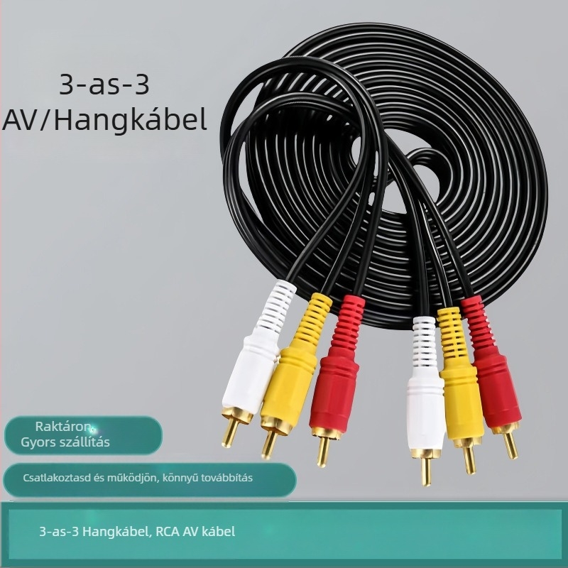 AV kábel, 3RCA-tól 3RCA-ig, aranyozott, rézzel bevont acél vezető, számítógépes hangszórókhoz