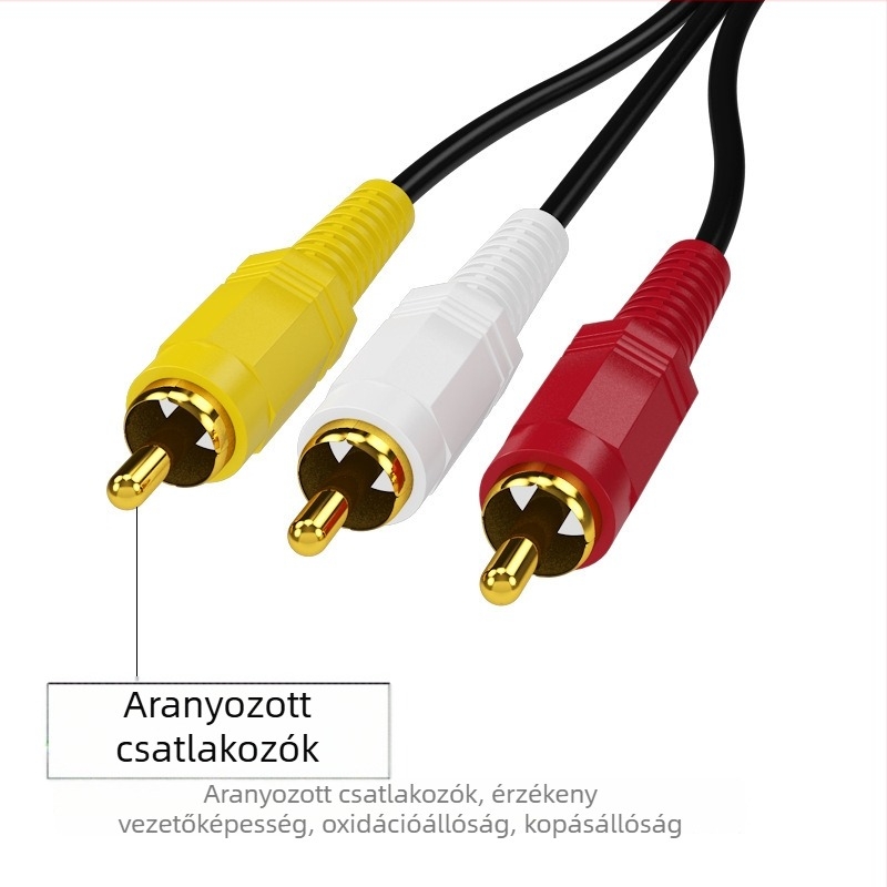 AV kábel, 3RCA-tól 3RCA-ig, aranyozott, rézzel bevont acél vezető, számítógépes hangszórókhoz