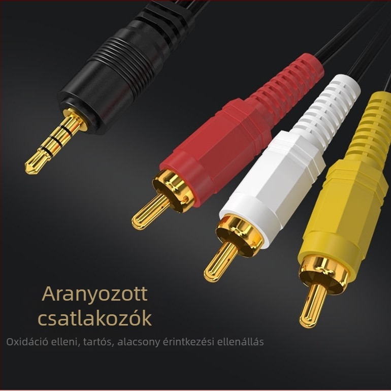 3,5 mm → 3 RCA audió kábel, 1→3 splitter TV/erősítő/hangfal, aranyozott érintkezők, CCS vezető, 3-in-1 adapter