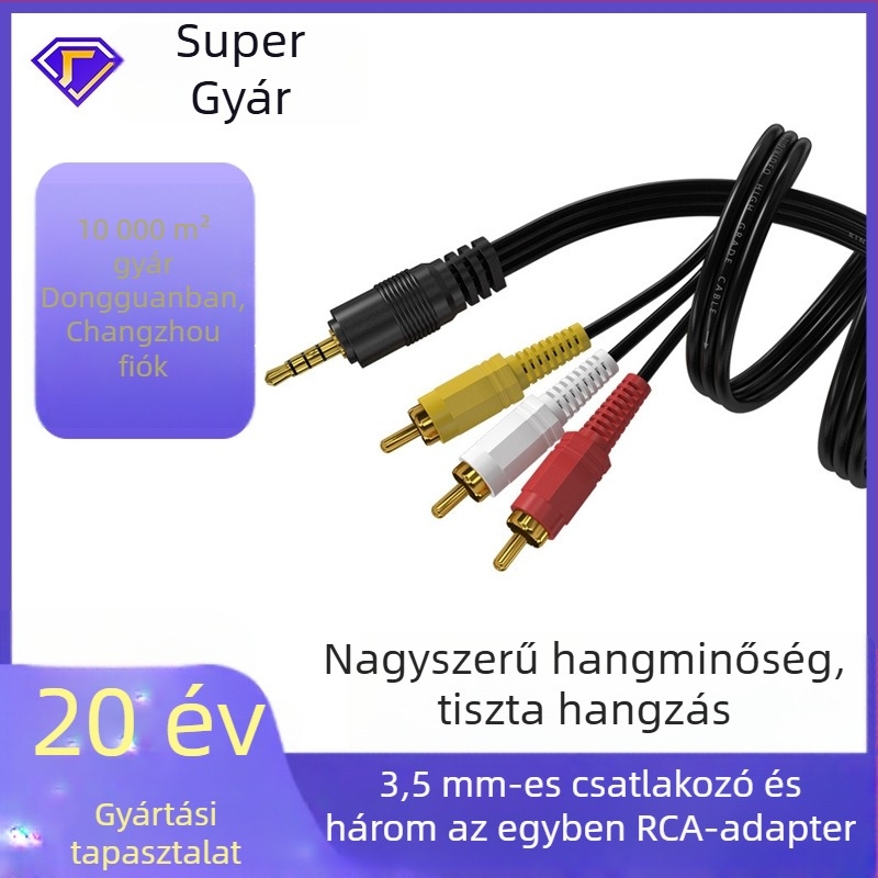 3,5 mm → 3 RCA audió kábel, 1→3 splitter TV/erősítő/hangfal, aranyozott érintkezők, CCS vezető, 3-in-1 adapter