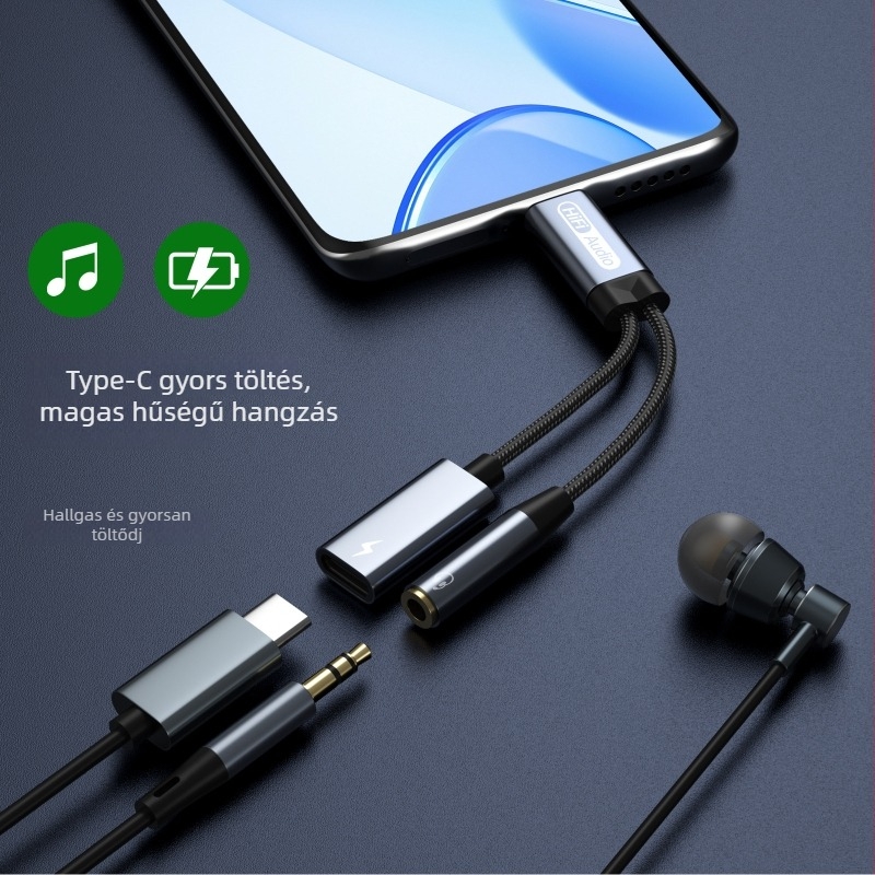 USB-C–ről 3,5 mm-es hangadapter PD töltéssel digitális eszközökhöz, aranyozott érintkezők, réz mag, 20 g, modell USB-C-3.5+PD