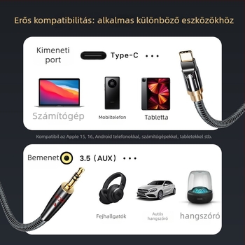 Type-C to 3.5 mm audio kábel Wg2026c – ezüstözött, egyszikristályos rézmag, réz vezetők (kompatibilis autóhoz, telefonhoz, számítógéphez, fejhallgatóhoz, Bluetooth hangszóróhoz)