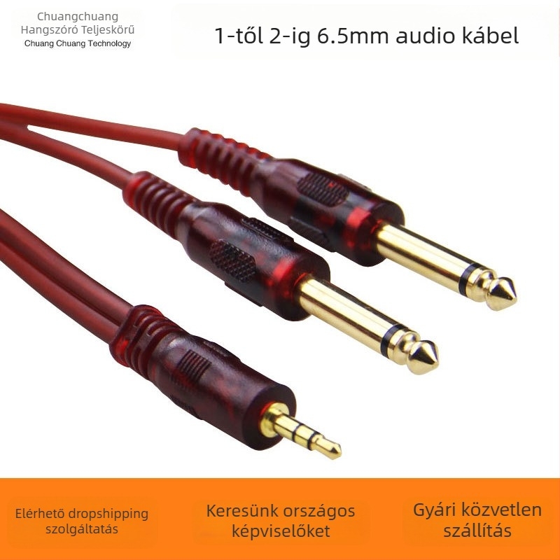 Jelkábel 3,5 mm a 6,5 mm, 1→2 osztó, aranyozott vezető, oxigénmentes réz mag, OFC, mobiltelefon-mixer csatlakoztatásához
