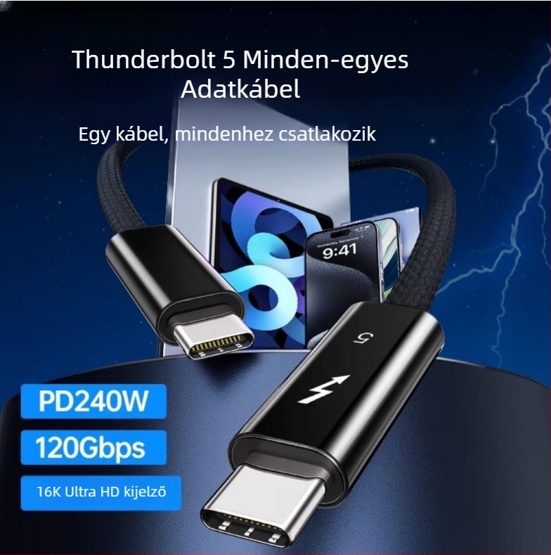 Type-C adatkábel, 120G nagysebességű átvitel, ezüstbevonatú rézvezető, fonott kábel, 240W gyorstöltés