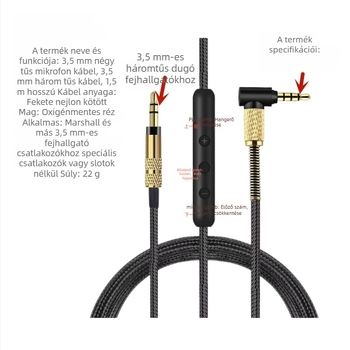 3,5 mm-es audio kábel 3,5 mm-hez, fonott, aranyozott bevonattal, vezetőmag: tiszta réz, vezető: oxigénmentes réz, ROHS tanúsítvány