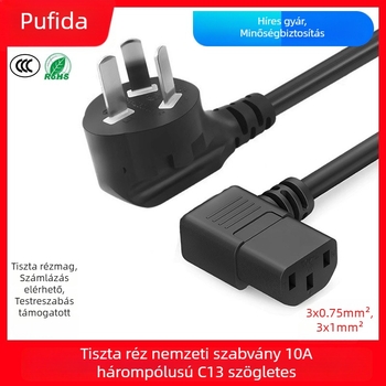IEC C13 tápkábel, tiszta réz, 10A, 3-vezetékes, 90°-os szög