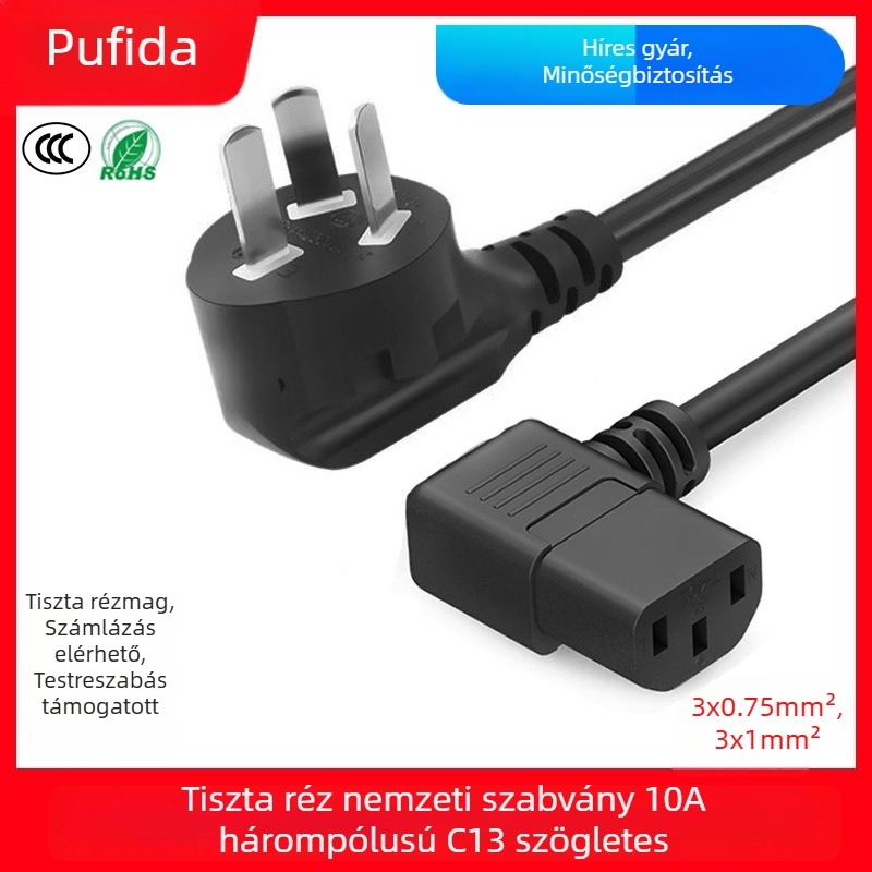 IEC C13 tápkábel, tiszta réz, 10A, 3-vezetékes, 90°-os szög