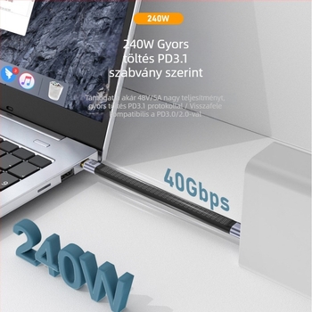 Type-C–Type-C adatkábel, 240W, 40Gbps, 8K60Hz, Thunderbolt 4 kompatibilis