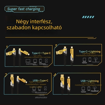 4 az 1-ben kábel gyorstöltésre és adatátvitelre, 65W, Lightning és USB-C, alumíniumötvözet, hossz 0,5–2 m