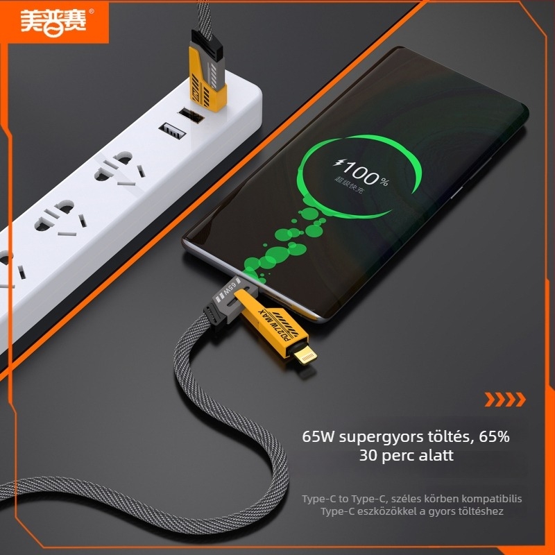 4 az 1-ben kábel gyorstöltésre és adatátvitelre, 65W, Lightning és USB-C, alumíniumötvözet, hossz 0,5–2 m