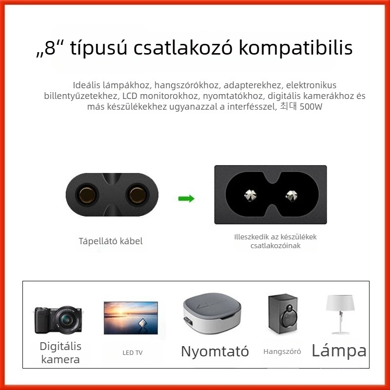 Számítógép tápkábel - nyolcas alakú csatlakozó két lapos dugvillával, 5 m hosszú, 0,5 mm² keresztmetszet, Nemzeti szabvány