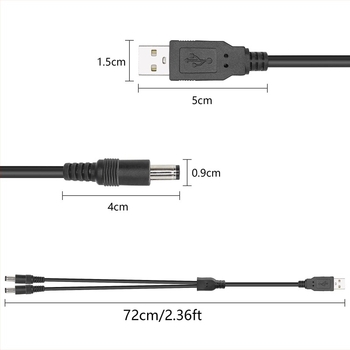 USB-DC 5,5×2,1 mm tápegység kábel osztóval, 1–2 kimenet, kis készülékekhez
