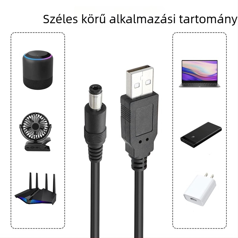 USB-DC 5,5×2,1 mm tápegység kábel osztóval, 1–2 kimenet, kis készülékekhez