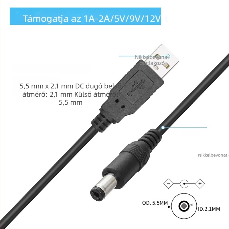 USB-DC 5,5×2,1 mm tápegység kábel osztóval, 1–2 kimenet, kis készülékekhez