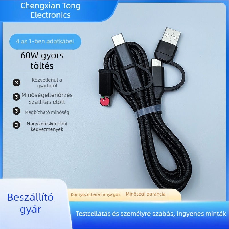 Alumíniumötvözetből készült 4-in-1 vezetékes adatkábel, kötött, gyors töltéssel Type-C USB, kompatibilis Apple és Android készülékekkel