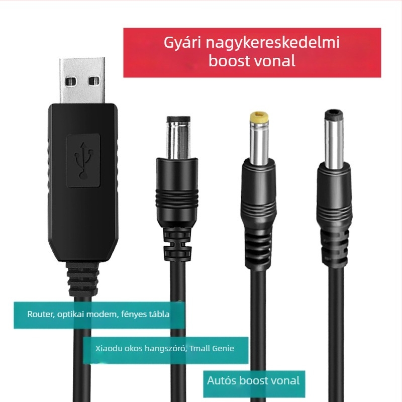 USB tápegység-emelő kábel 9V/12V, 1 m, routerhez, Tmall Genie-hez, LED-ekhez, kapcsolókhoz, walkie-talkie-hoz és hangrendszerhez (OEM)