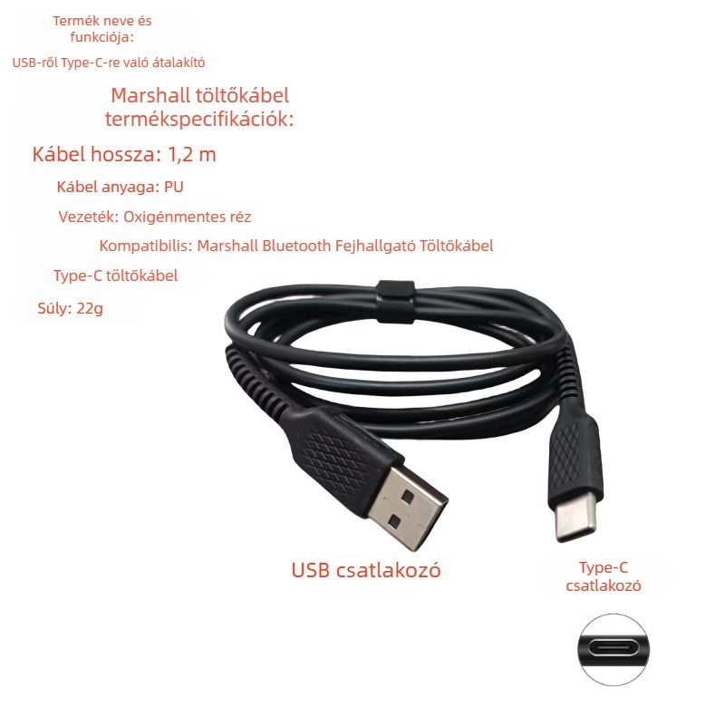 Marshall II Bluetooth fejhallgatóhoz USB-C töltőkábel, 1,2 m, OEM, Modell II