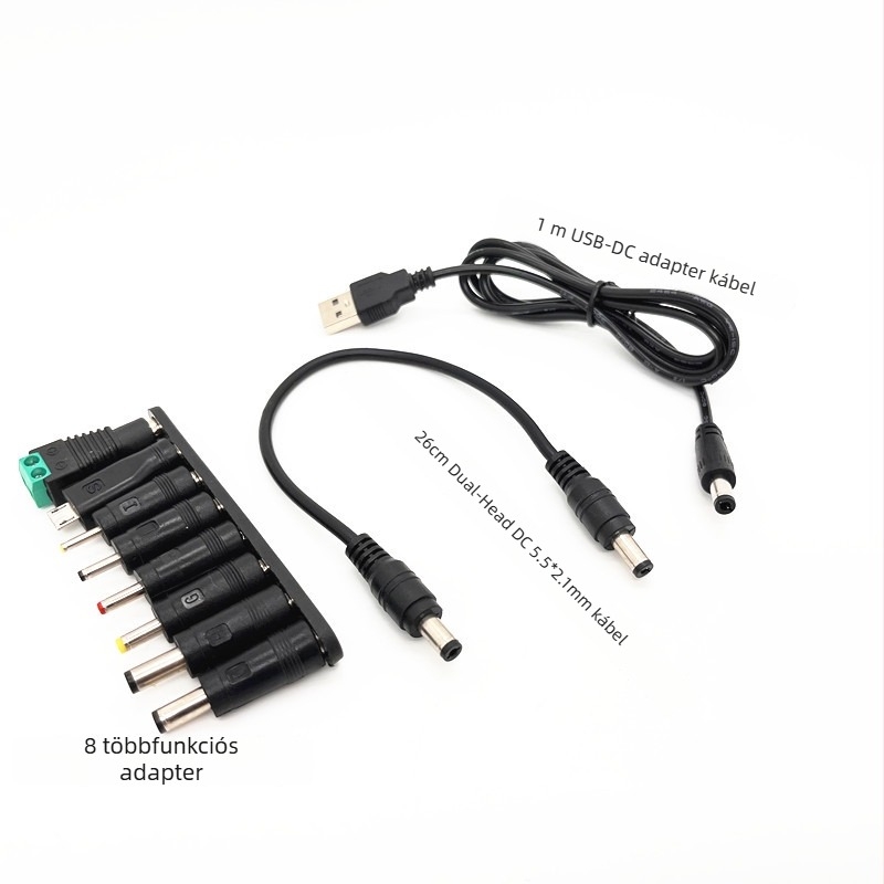 8 adapterrel ellátott USB-tól DC-ig tápegység-kábel, DC 5.5×2.1 mm, USB hossz 1 m + DC vezeték 26 cm