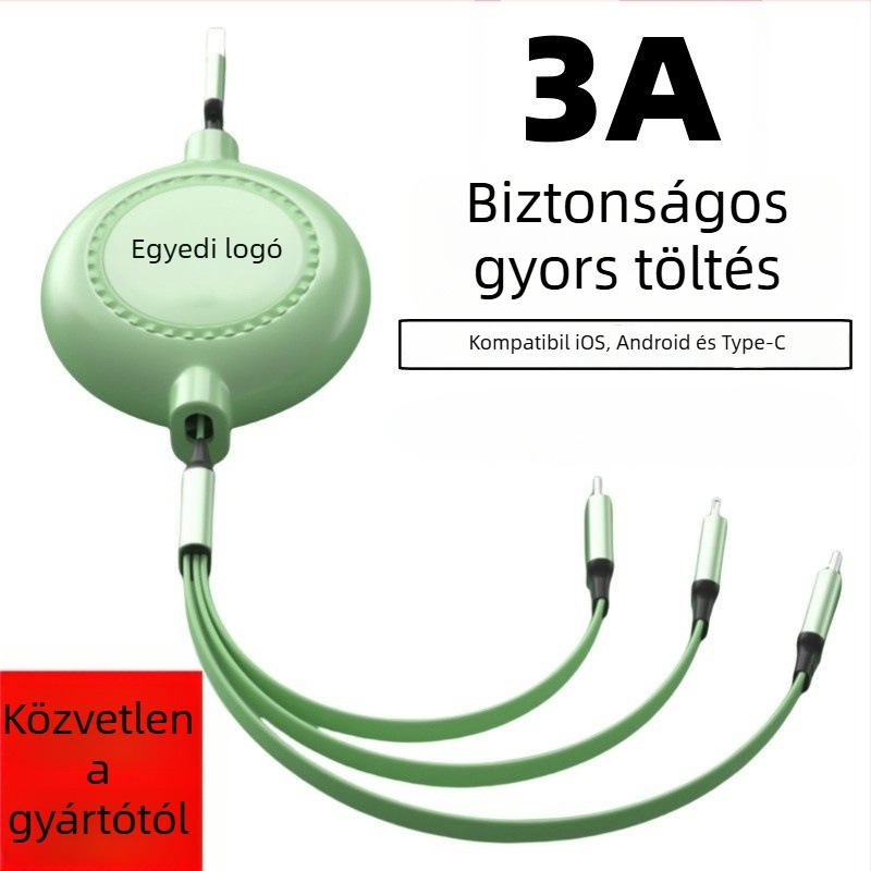 Gemstone 3 az 1-ben töltőkábel Lightning, USB-C és Micro USB – behúzható, 1–2 m, 3 A, szilikon