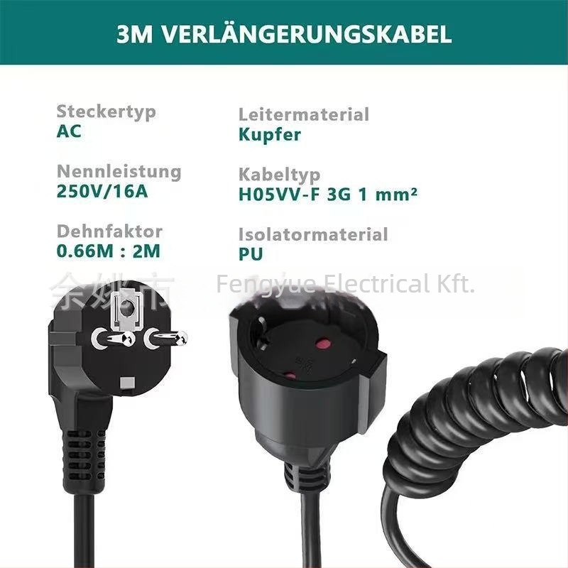 EU-s standard szerinti 3-vezetékes PU rugós hosszabbító kábel, keresztmetszet 1 mm², modell 008988