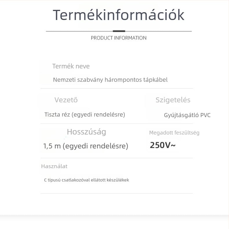 CCC-tanúsítvánnyal rendelkező tápkábel, PVC burkolattal, GB nemzeti szabvány, 3-vezetékes kábel háromtűs végződéssel