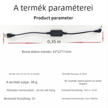 USB-DRE12 USB 5V–12V booster kábel, hossz 0,35 m, 3,5 mm szögletes csatlakozóval, Canon fényképezőgépekhez