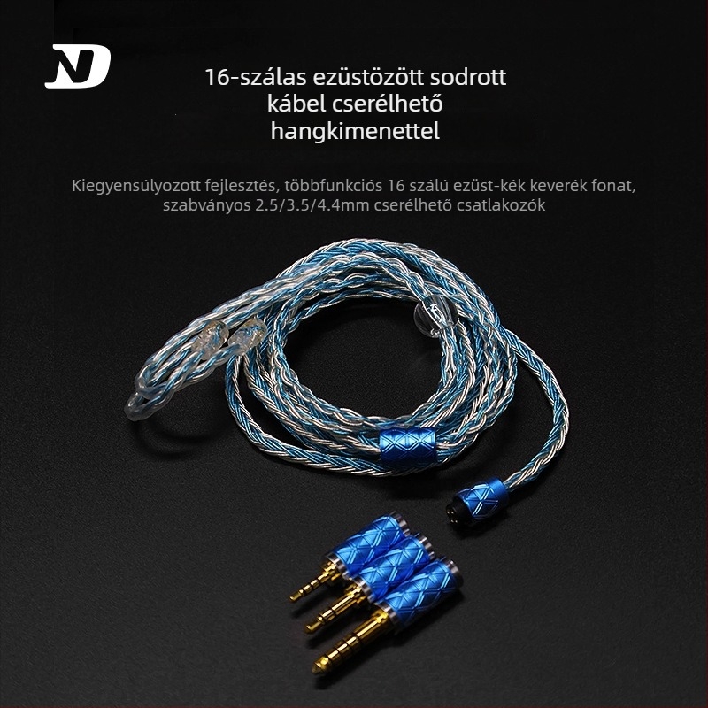 Nd D3 cserélhető dugó, 2.5/3.5/4/4, 16‑szálas ezüst bevonat oxigénmentes réz kábel, fejlesztett kábel, mikrofon nélkül