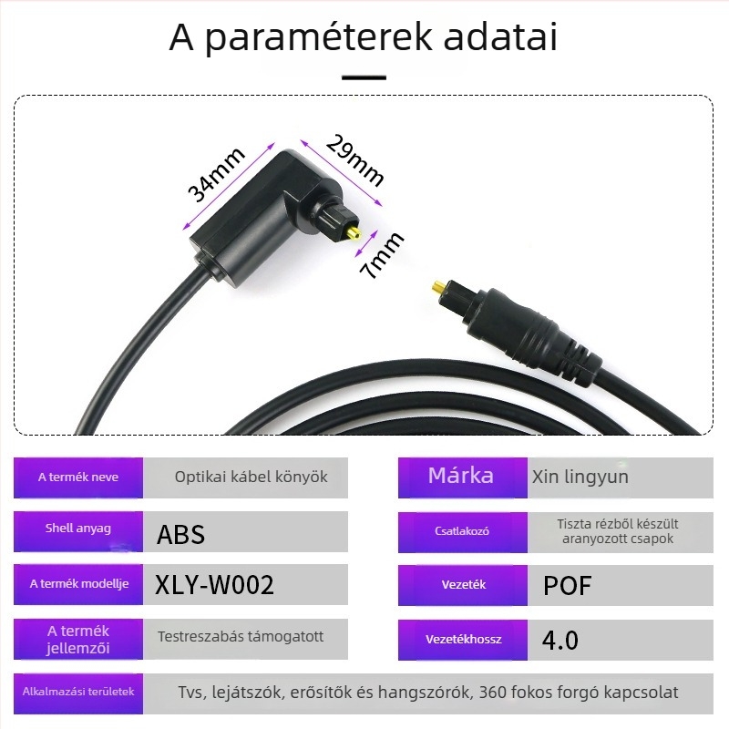 Toslink négyzet alakú optikai audio kábel, aranyozott csatlakozók, PMMA mag, televízióhoz és hangszórókhoz