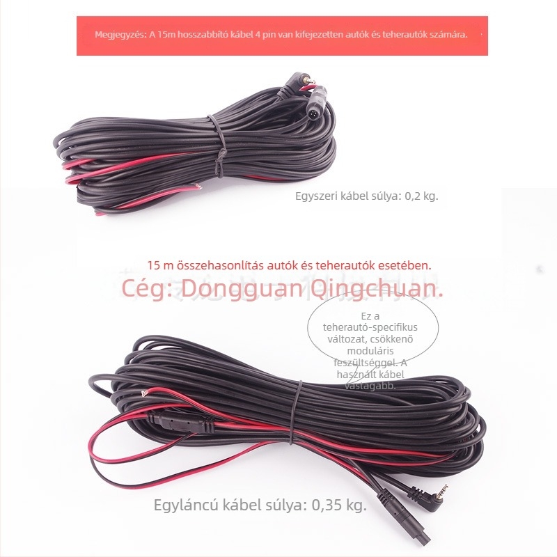 Autó DVR-hez és hátsó kamera használatához hosszabbító kábel – 15 m hossz, csatlakozó tápellátás, acélmagú huzal, réz vezető