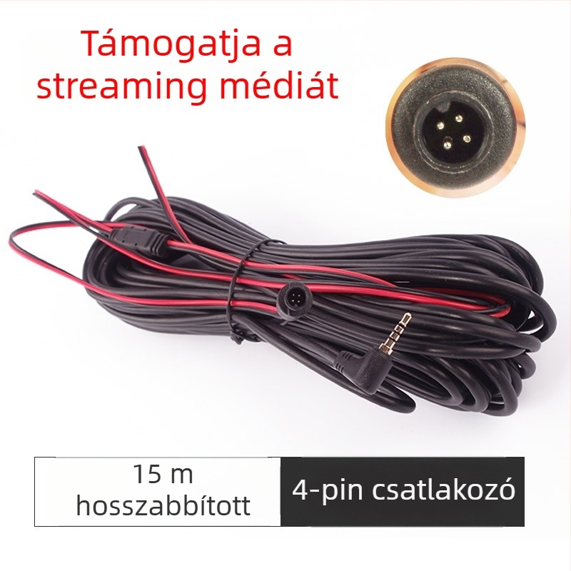 Autó DVR-hez és hátsó kamera használatához hosszabbító kábel – 15 m hossz, csatlakozó tápellátás, acélmagú huzal, réz vezető