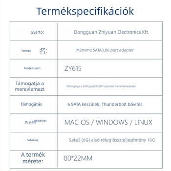 M.2 M-key PCIe 3.0-SATA 6-port NAS bővítő kártya ASM1166 vezérlővel (Zy615)