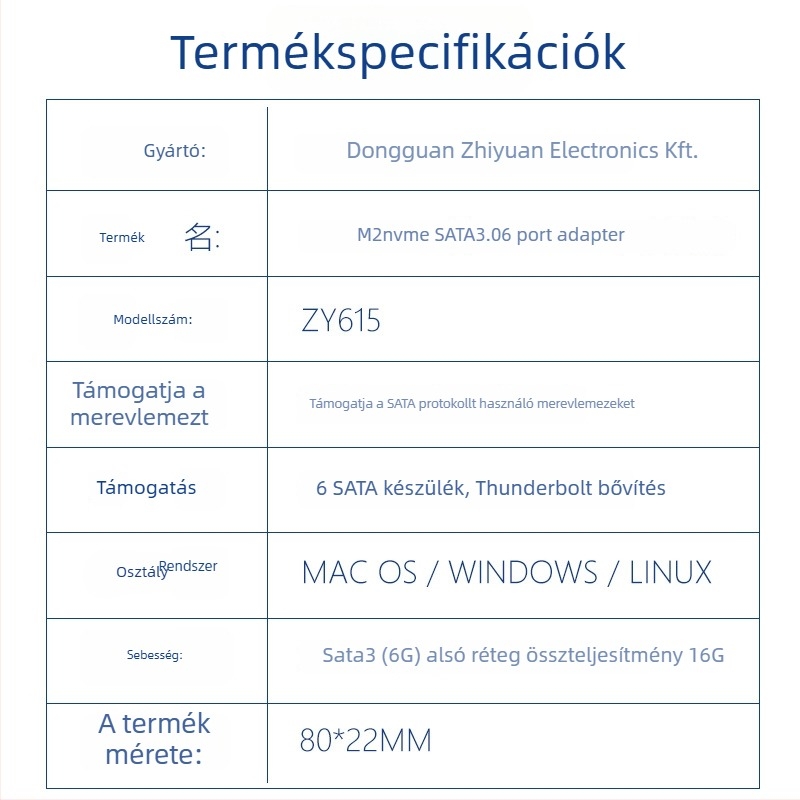 M.2 M-key PCIe 3.0-SATA 6-port NAS bővítő kártya ASM1166 vezérlővel (Zy615)