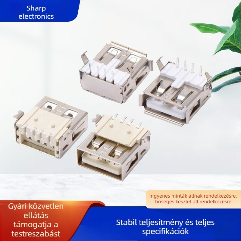 USB-A 2.0, egy rétegű, 90°-os csatlakozó, egyenes lábakkal, él nélkül