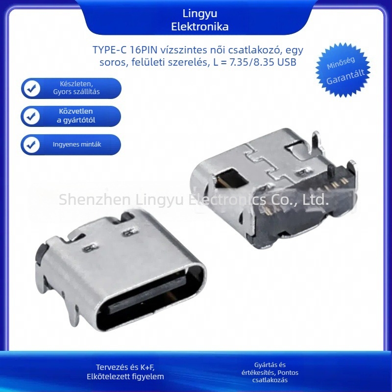 Lingyu Type-C 16-pin PCB-re szerelt USB aljzat, vízszintes, egyetlen sor SMT, szigetelőanyag LCP