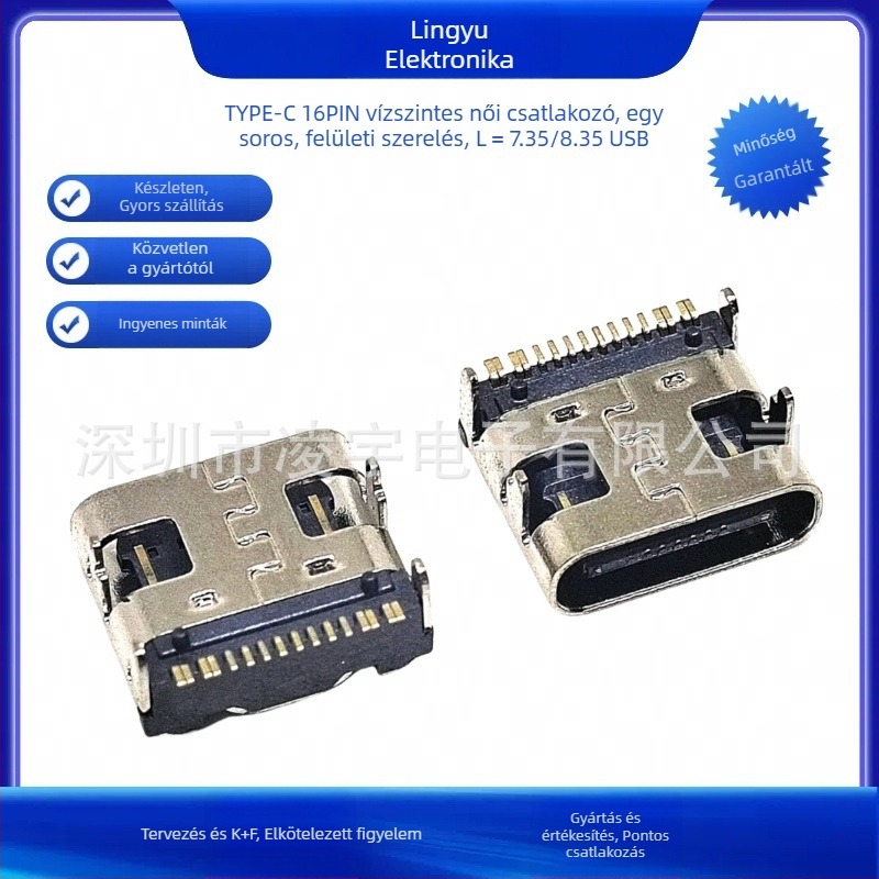 Lingyu Type-C 16-pin PCB-re szerelt USB aljzat, vízszintes, egyetlen sor SMT, szigetelőanyag LCP
